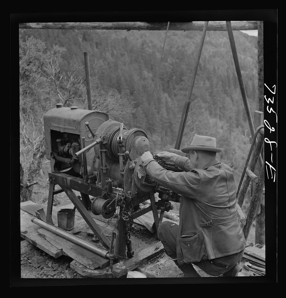 Grant County, Oregon. Bureau of Mines representative taking bearing on angle of diamond drilling for chrome ore deposits by…