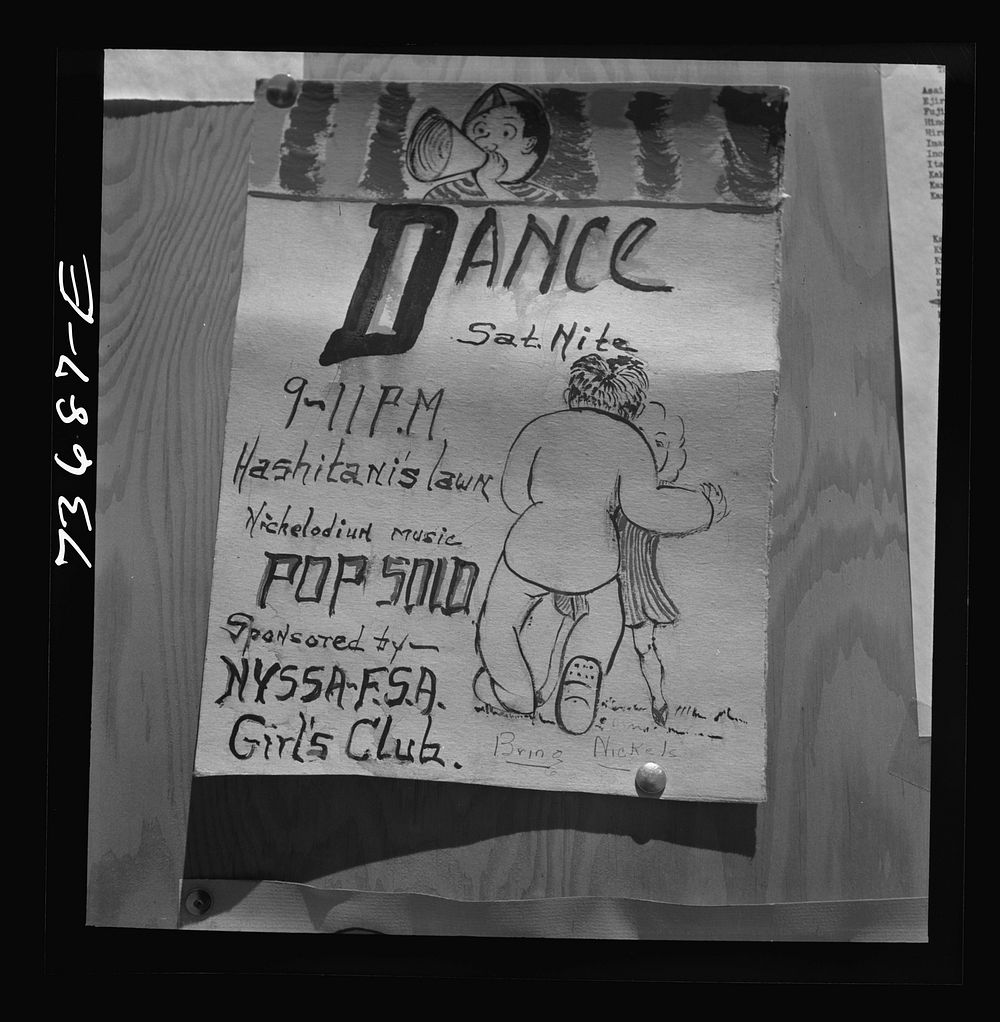 Nyssa, Oregon. Sign for the dance which was given by a local Japanese farmer for the evacuated Japanese-American farm…