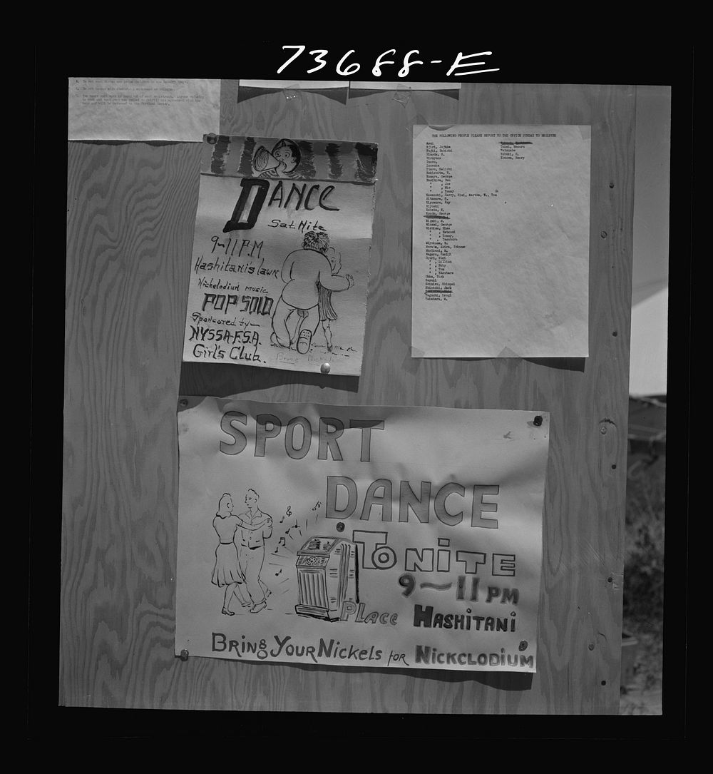 Nyssa, Oregon. Sign for the dance which was given by a local Japanese farmer for the evacuated Japanese-American farm…