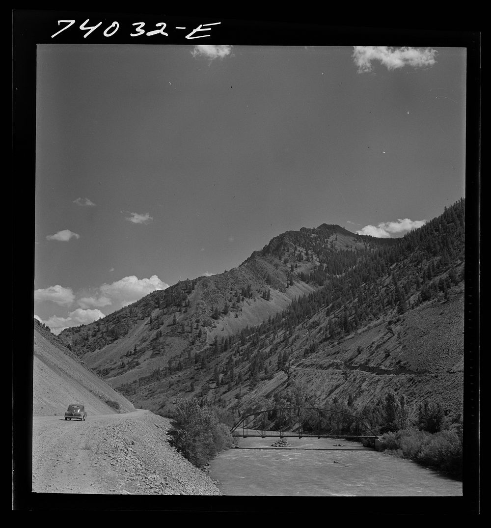 Custer County, Idaho. The road along the Salmon River is many feet higher that the river by Russell Lee