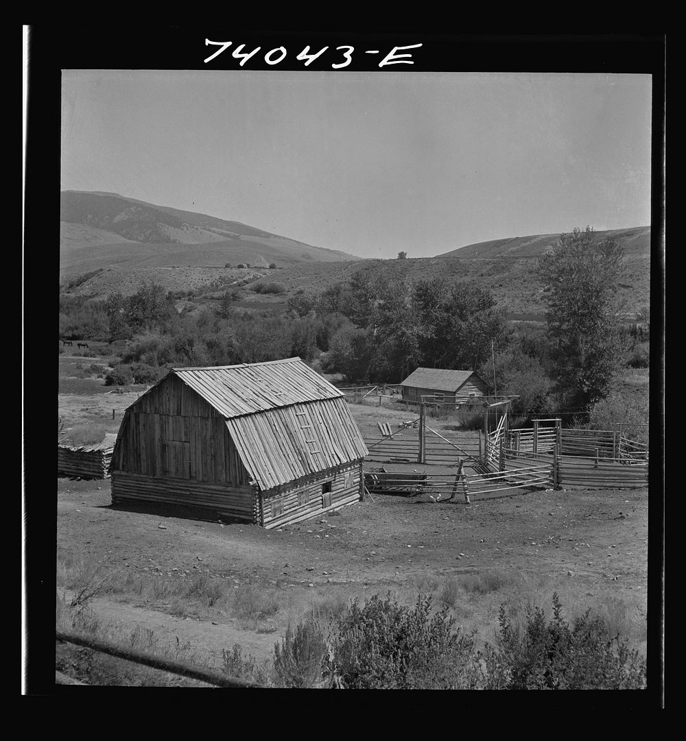 Lemhi County, Idaho. Barn and corrals of a cattle ranch by Russell Lee