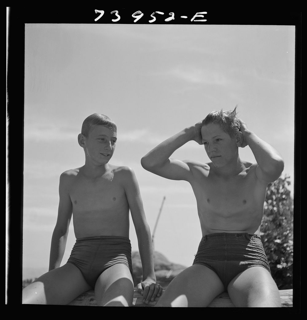 [Untitled photo, possibly related to: Rupert, Idaho. Schoolboys in swimming] by Russell Lee