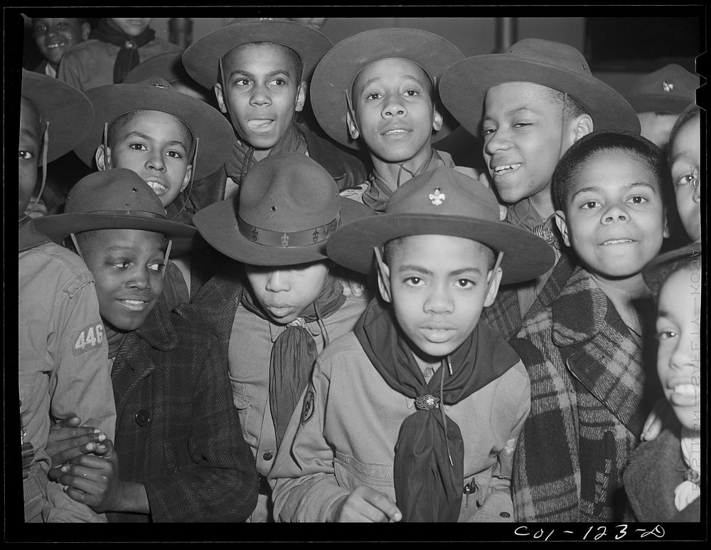 Some of the scouts of Troop 446 who meet in the community center of the Ida B. Wells Housing Project. Chicago, Illinois (Boy…