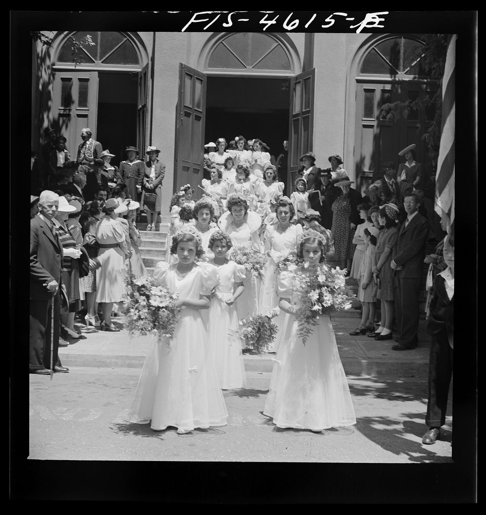 [Untitled photo, possibly related to: Queen and her court of the fiesta of the Holy Ghost leave church. Santa Clara…