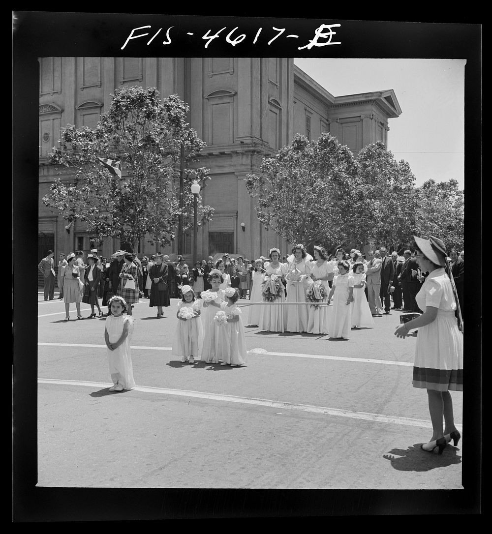 Queen and her court in the parade of the fiesta of the Holy Ghost. Santa Clara, California by Russell Lee