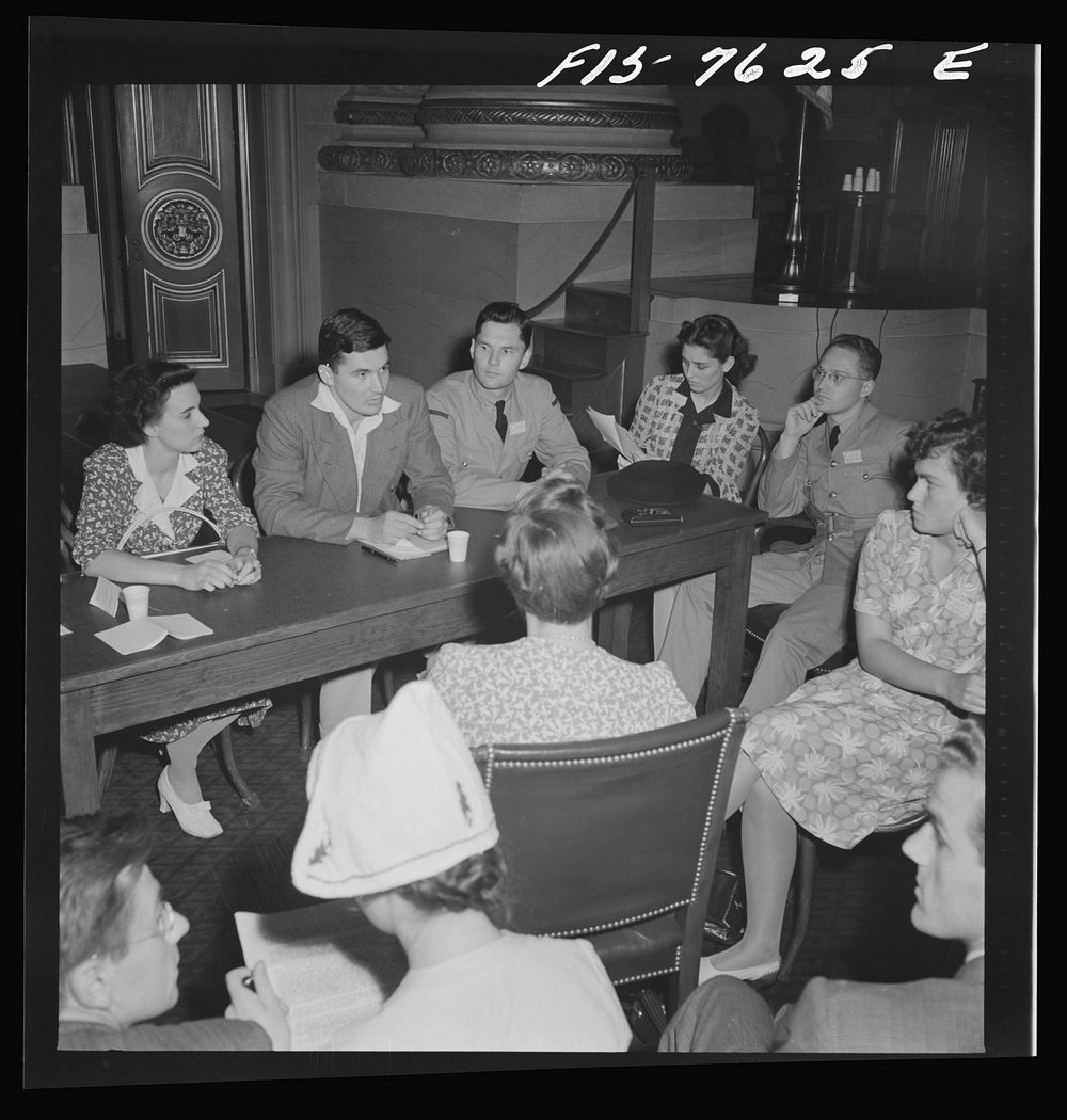 Washington, D.C. International Youth Assembly. A meeting of the Canadian delegates. Sourced from the Library of Congress.
