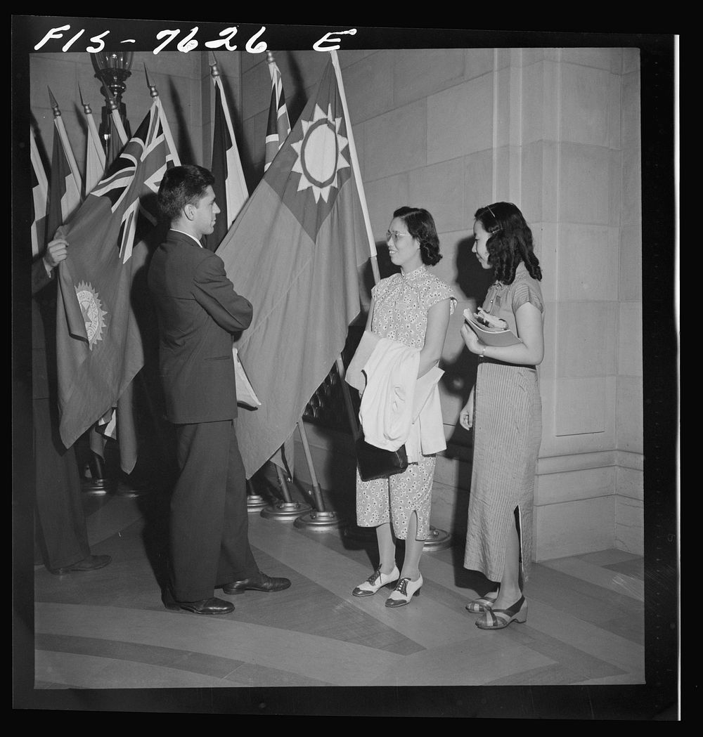 [Untitled photo, possibly related to: Washington, D.C. International youth assembly. An American student discussing the…