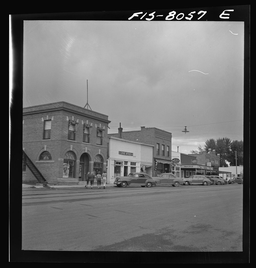 [Untitled photo, possibly related to: Sheridan, Montana. Main street. Sheridan is a trading center for a cattle and…
