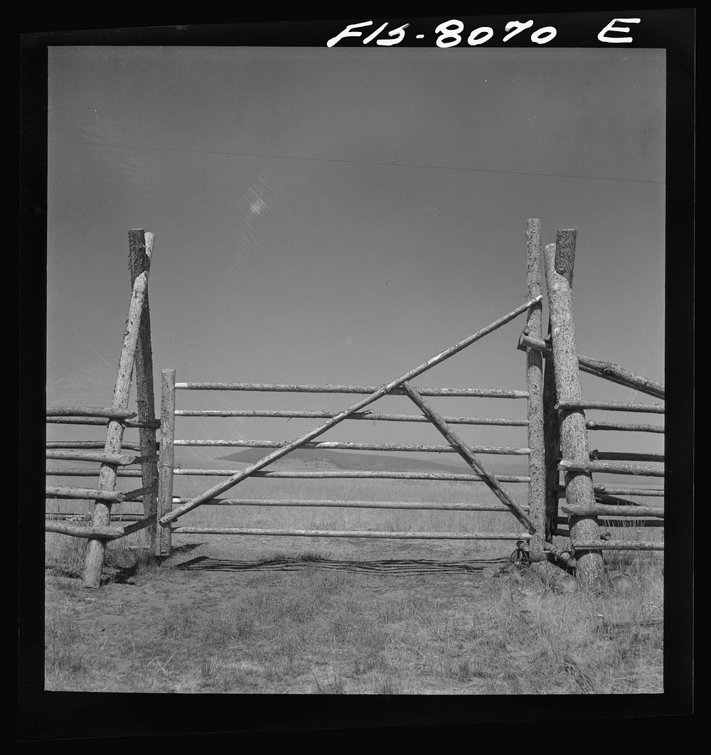 Big Hole Valley, Beaverhead County, Montana. Fence and gate on cattle ranch by Russell Lee