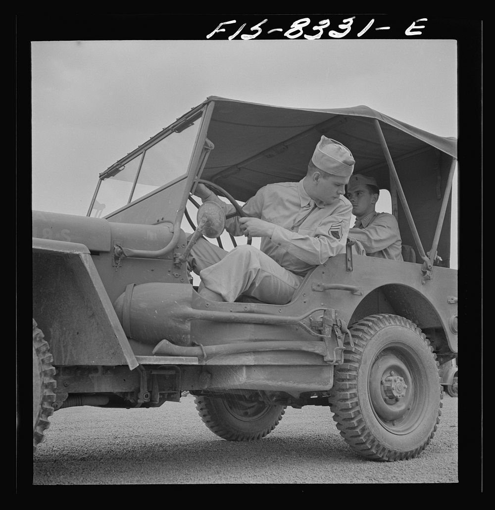 Fort Belvoir, Virginia. Sergeant George Camblair learning to drive a jeep. Sourced from the Library of Congress.