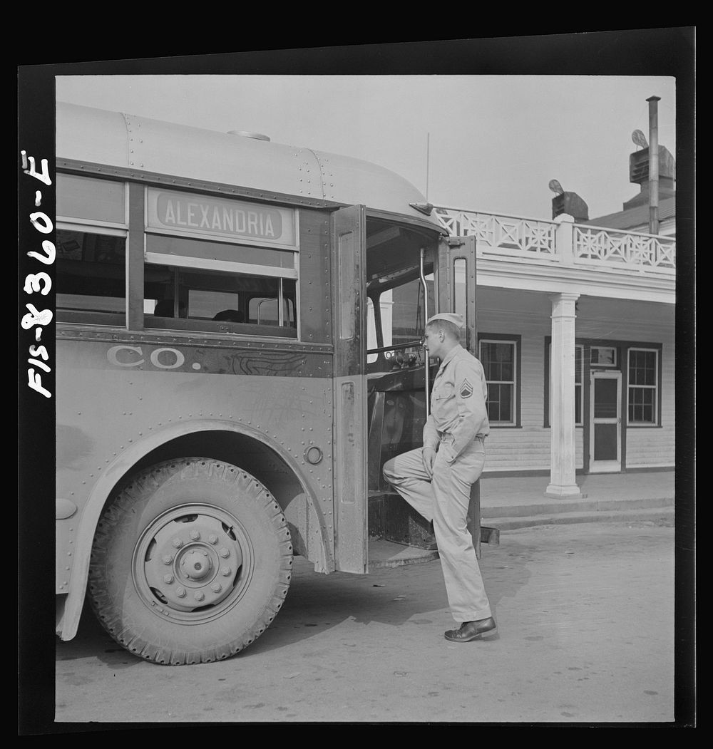 [Untitled photo, possibly related to: Fort Belvoir, Virginia. Sergeant George Camblair taking the bus on short visit home…