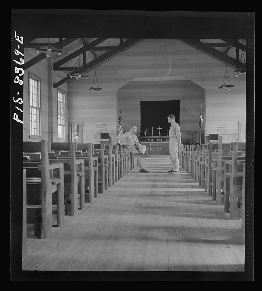 [Untitled photo, possibly related to: Fort Belvoir, Virginia. Sergeant George Camblair paying the chaplain a visit]. Sourced…