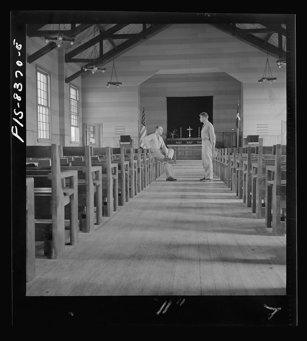 Fort Belvoir, Virginia. Sergeant George Camblair paying the chaplain a visit. Sourced from the Library of Congress.
