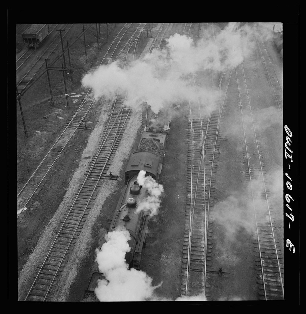 [Untitled photo, possibly related to: Chicago, Illinois. Engines lined up at coaling station at an Illinois Central Railroad…