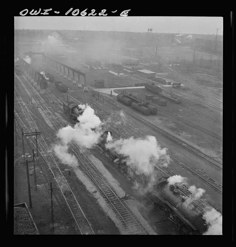 Chicago, Illinois. Engines lined up at coaling station at an Illinois Central Railroad yard. Sourced from the Library of…