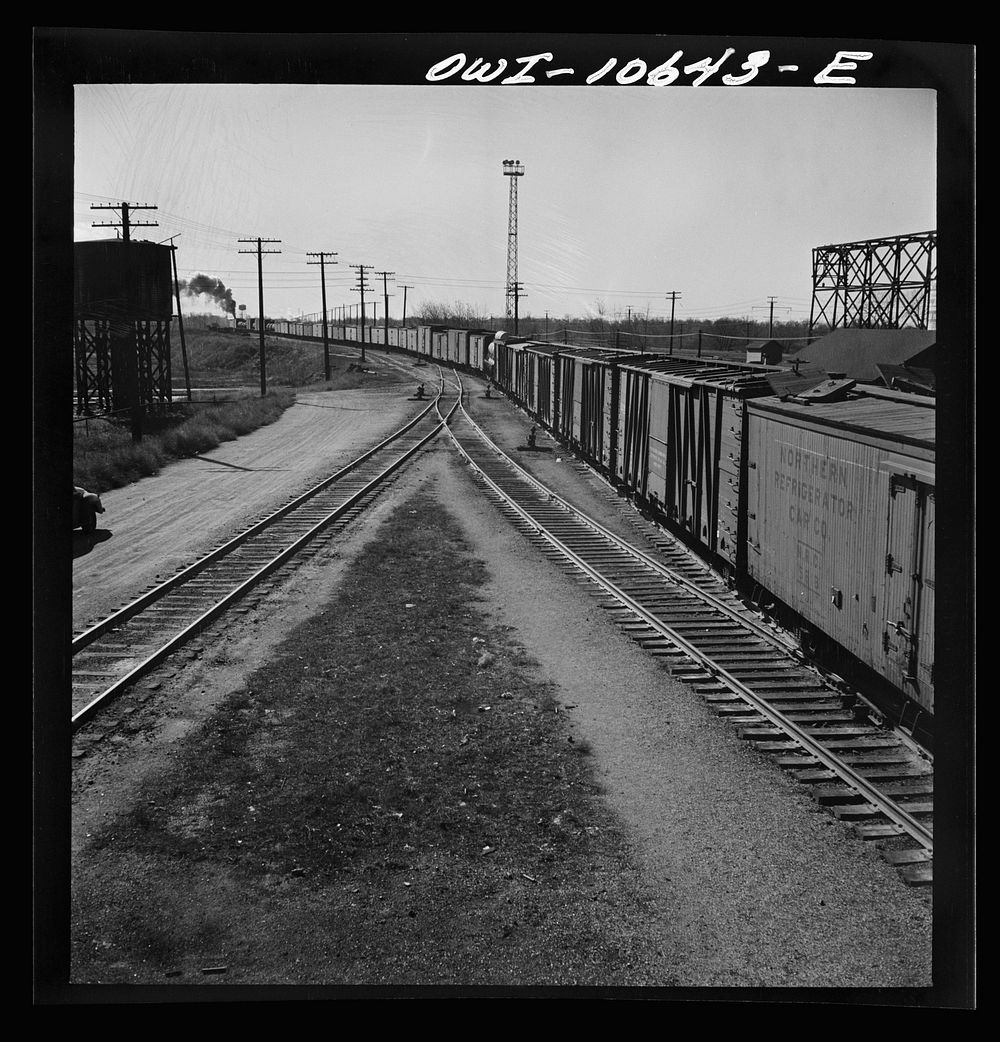 Chicago, Illinois. Freight train bound for New Orleans leaving an Illinois Central railroad yard. Sourced from the Library…