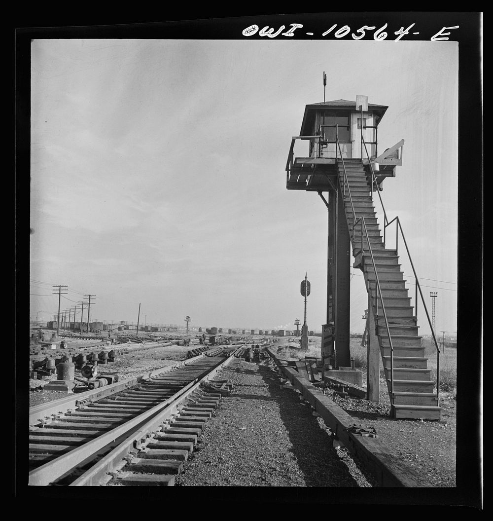 Chicago, Illinois. Retarder operator's tower at the north hump at an Illinois Central Railroad yard. Sourced from the…