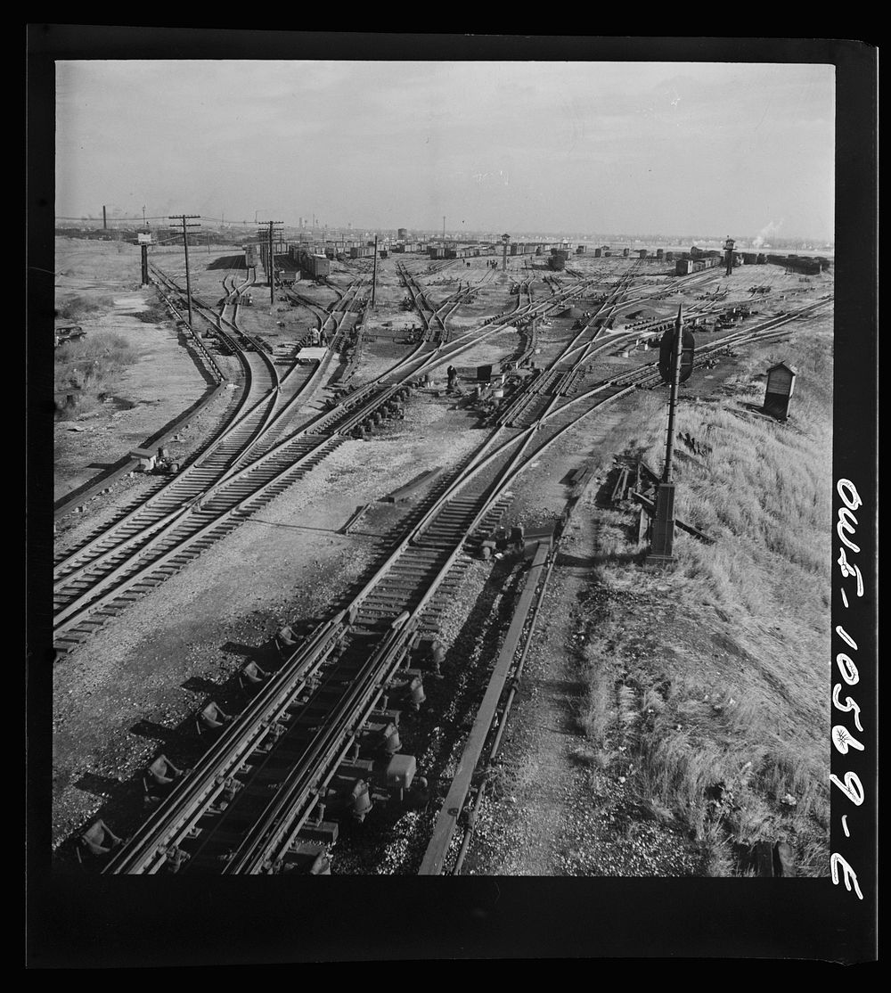 Chicago, Illinois. General view of the north classification yard at an Illinois Central Railroad yard. Sourced from the…