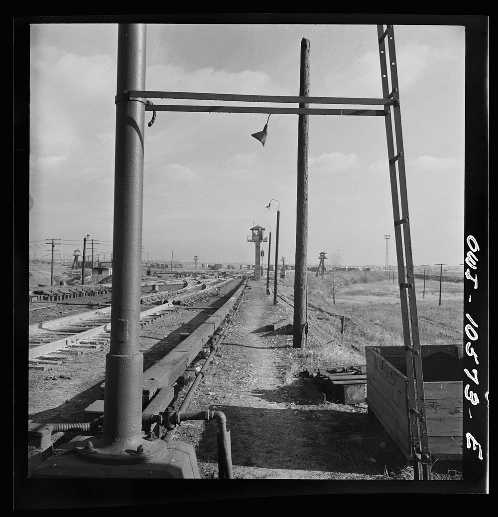 Chicago, Illinois. Looking toward the north classification yard at an Illinois Central Railroad yard. Sourced from the…