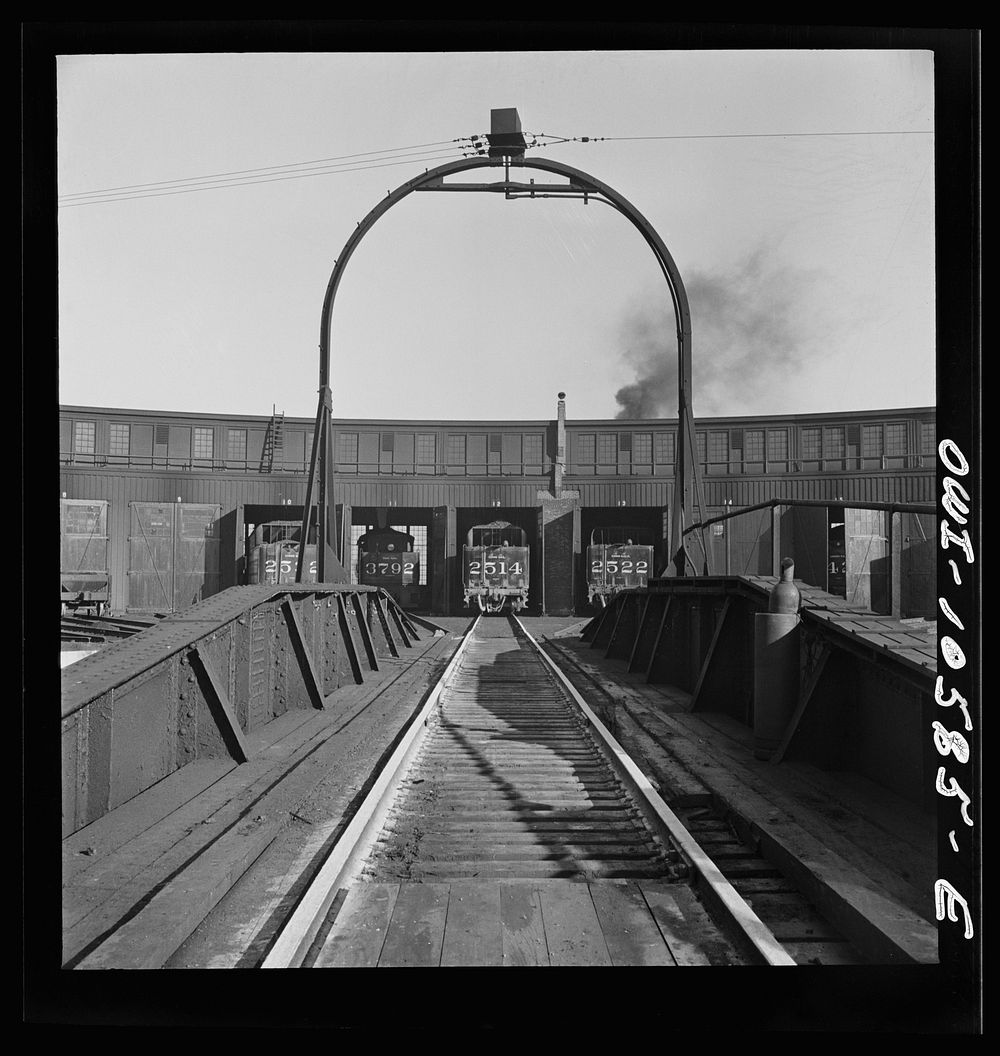 [Untitled photo, possibly related to: Chicago, Illinois. The turntable at the roundhouse at an Illinois Central Railroad…