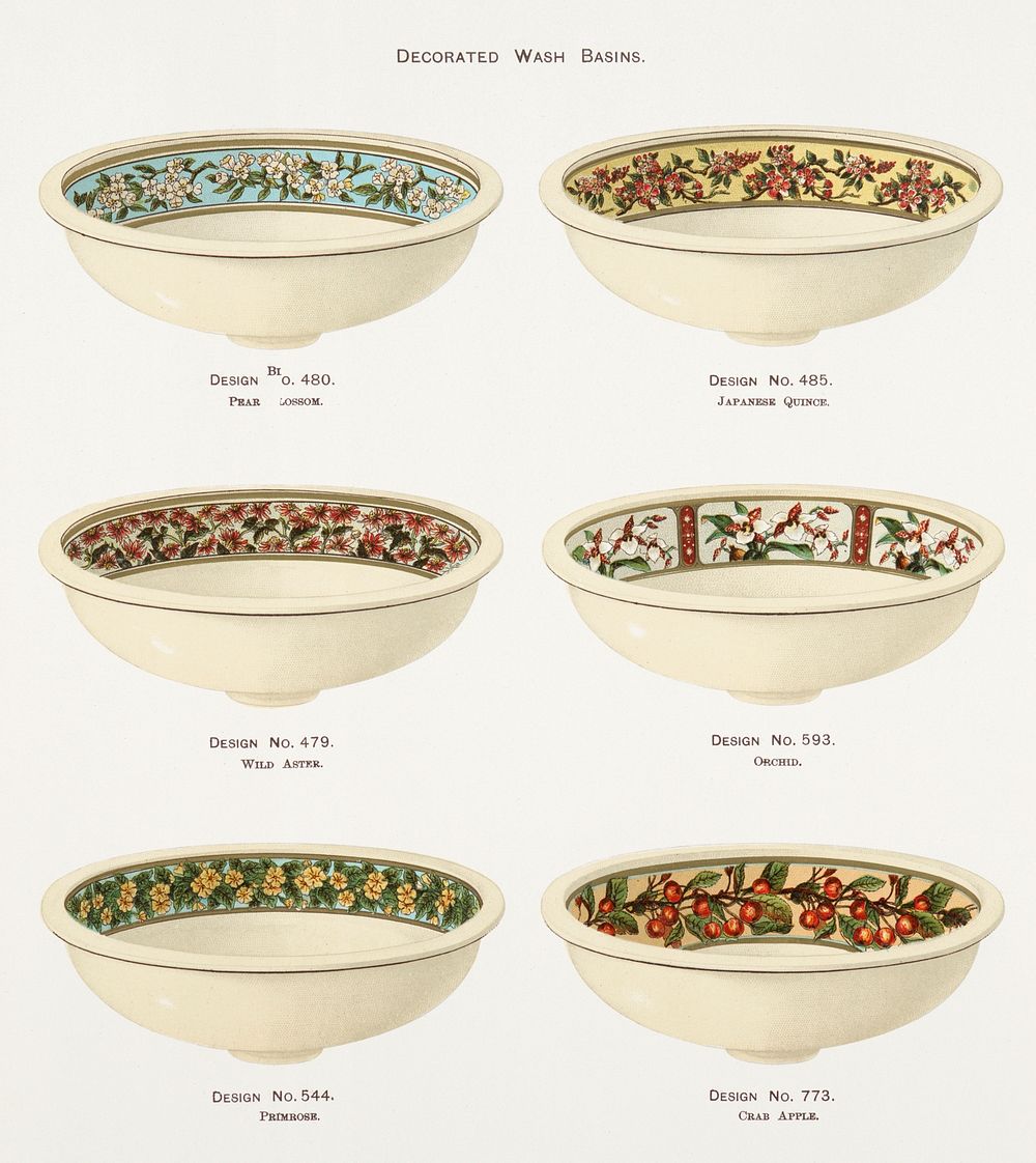 Vintage Illustration of decorated wash basins published in 1884 by J.L. Mott Iron Works. Original from New York public…