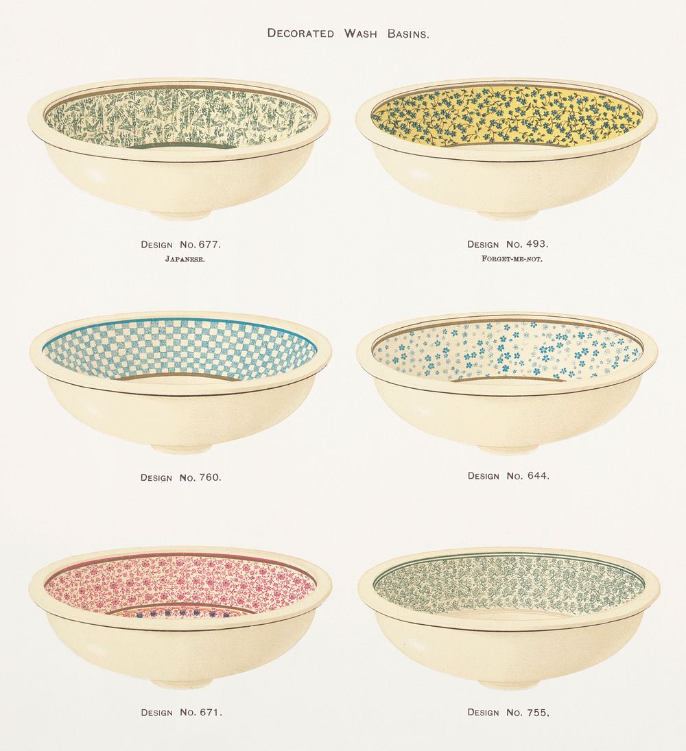 Vintage Illustration of decorated wash basins published in 1884 by J.L. Mott Iron Works. Original from New York public…