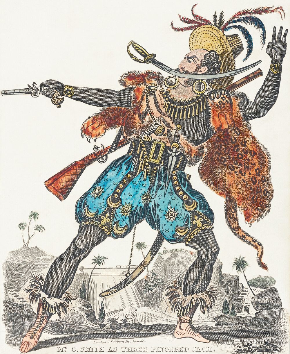 Vintage publicity illustration of Richard John Smith in the stage production "Obi", or Three-fingered Jack published in 1813…