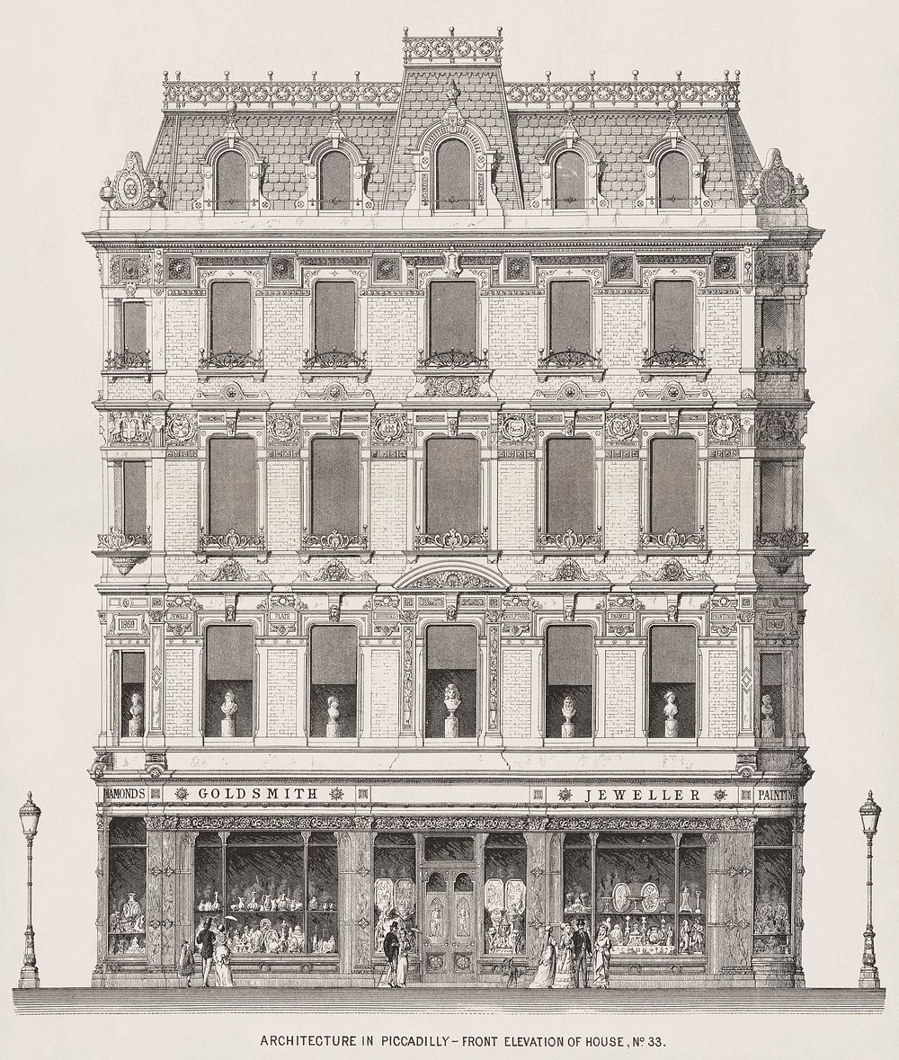 Vintage illustration of Architecture in Piccadilly published in 1870 by Arthur Cates (1829-1901). Original from New York…