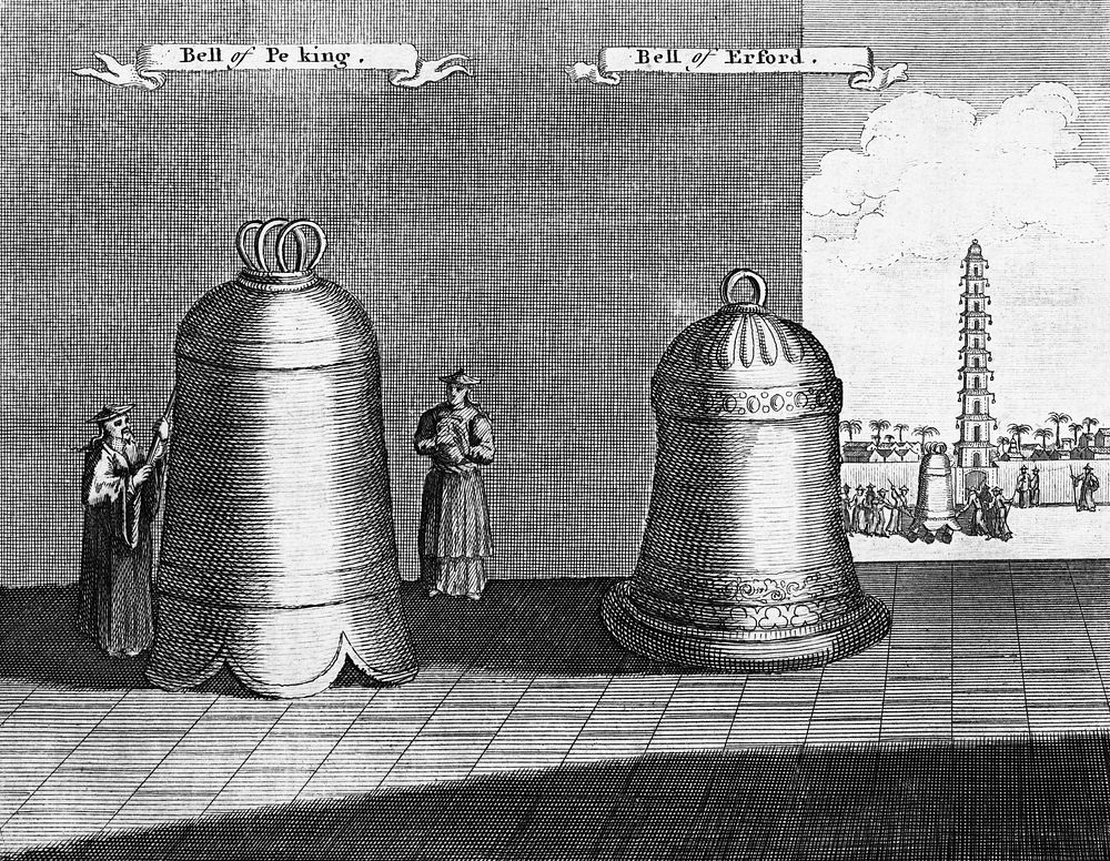 Vintage illustration of the "Bell of Pe-king" and the "Bell of Erford" published in 1745-1747 by Thomas Astley. Original…