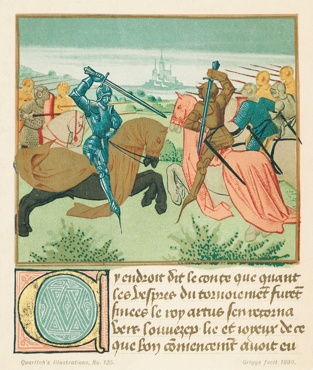 Vintage illustrations of Palamedes in the tournament of Soreloys and Lancelot and Tristan in the tournament at Louvezep…