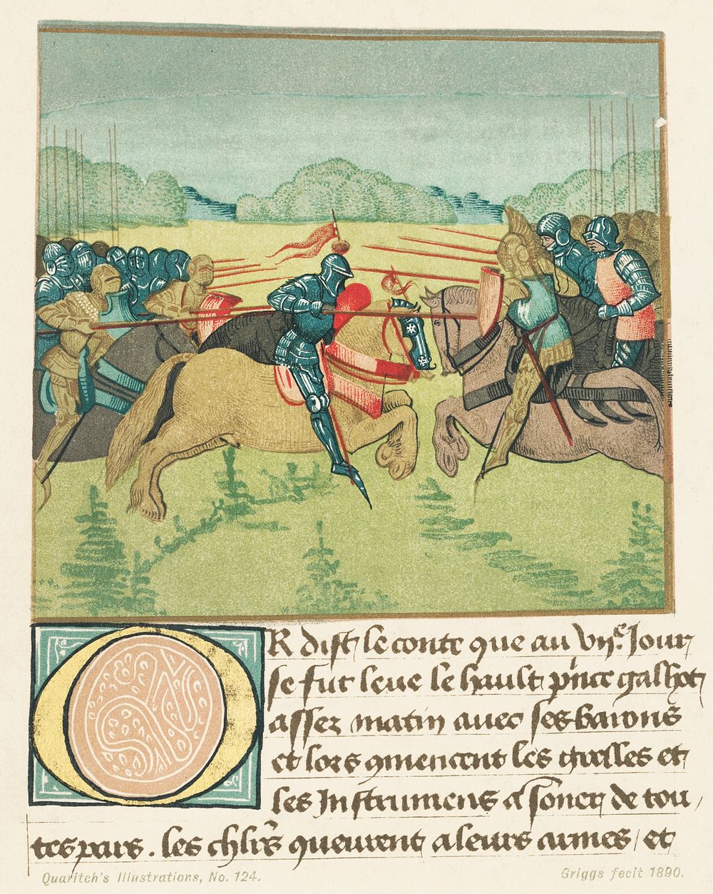Vintage illustrations of Palamedes in the tournament of Soreloys and Lancelot and Tristan in the tournament at Louvezep…