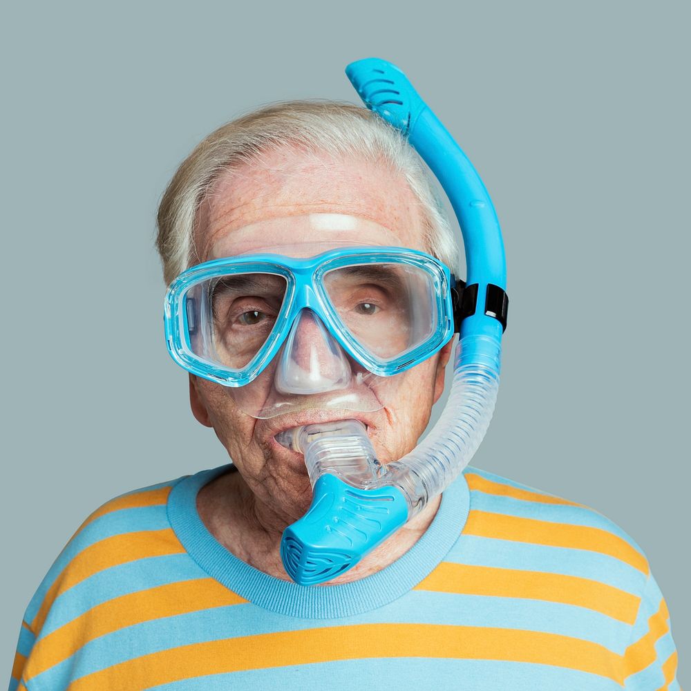 Senior man wearing snorkeling goggles mockup 