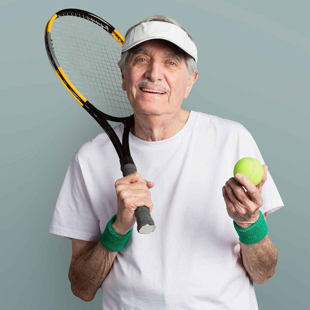 Cheerful senior tennis player wearing a visor cap mockup 