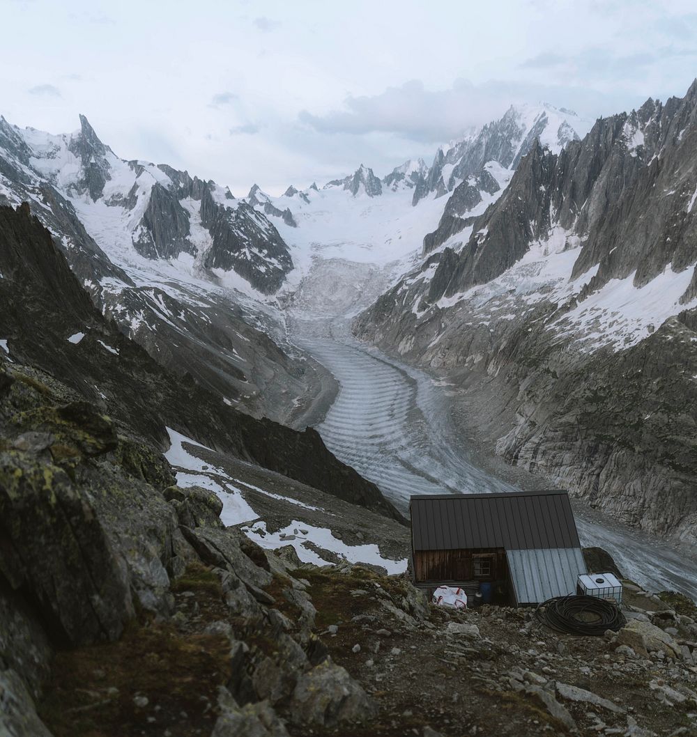 Refuge de Charpoua with views over the Mer de Glace and Mont Blanc massif
