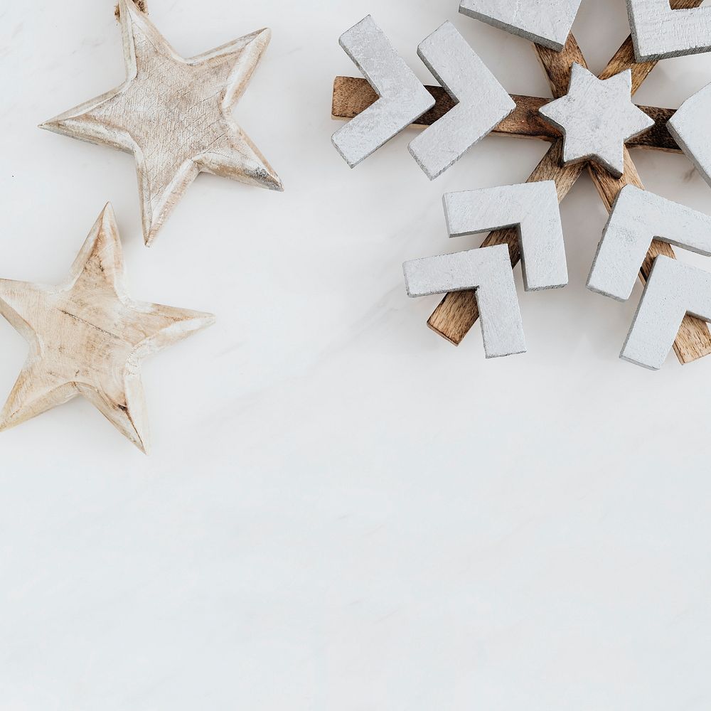 Wooden snowflake and stars background