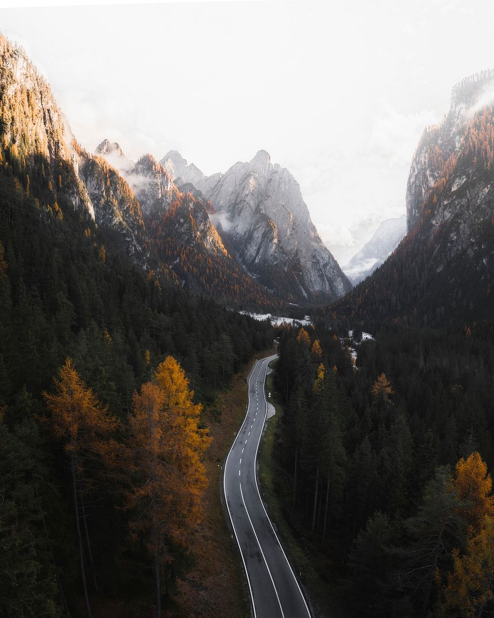 Misty mountain pass in the Dolomites