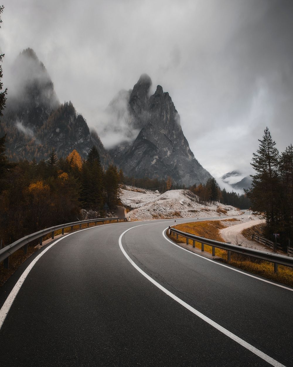 Misty road pass in the Dolomites