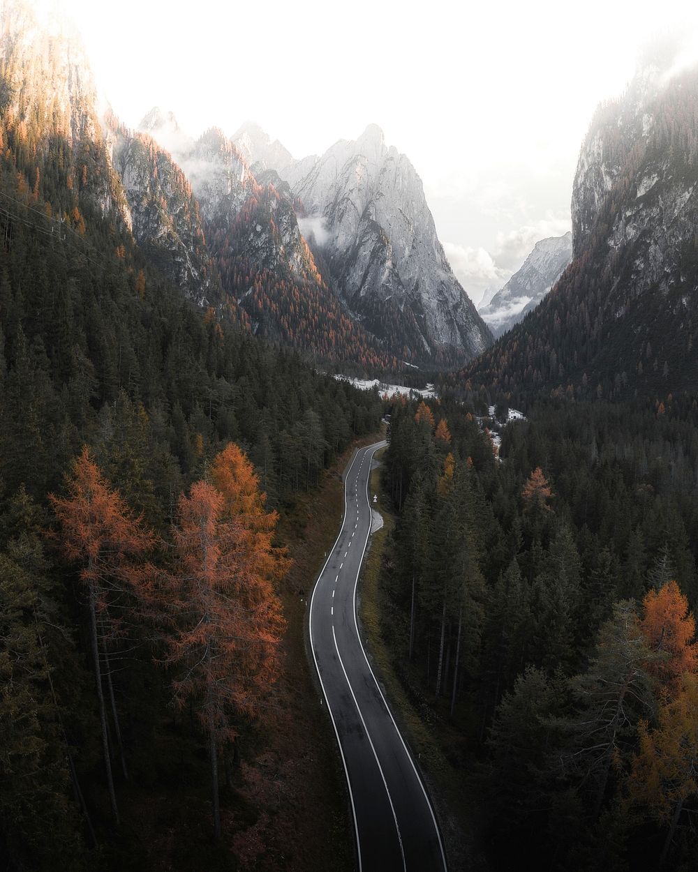 Drone shot of the road in Dolomites, Italy