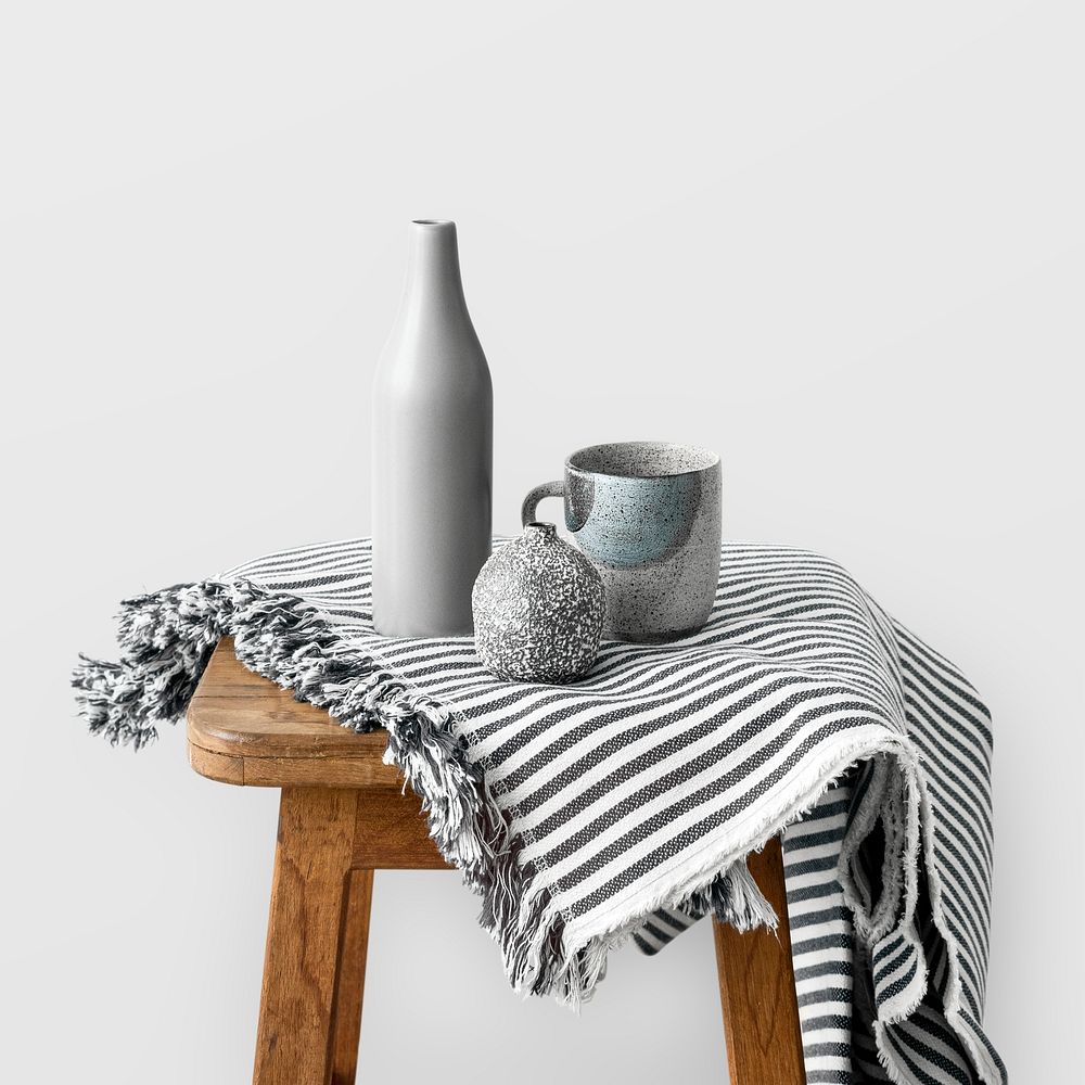 Gray ceramic vase with a mug on a wooden stool mockup 