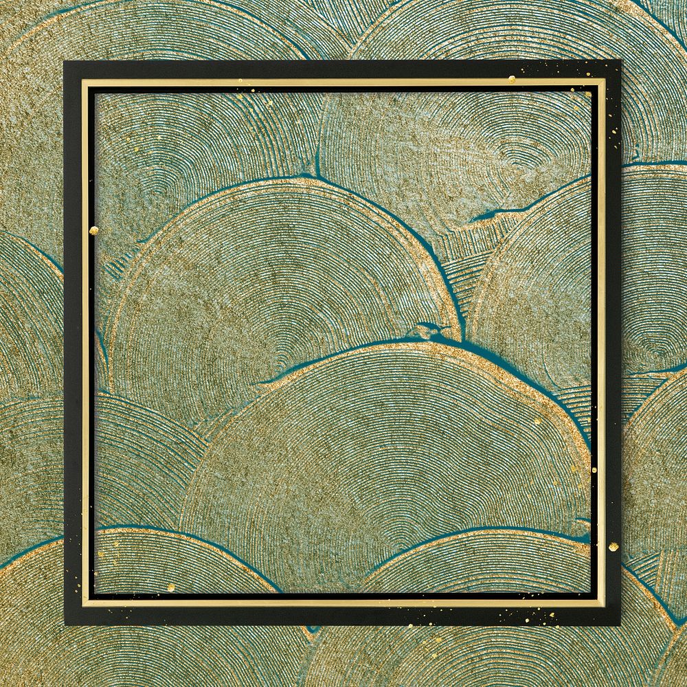 Gold and black square frame on shimmering ombre and gold tint green and gold swirl paper texture