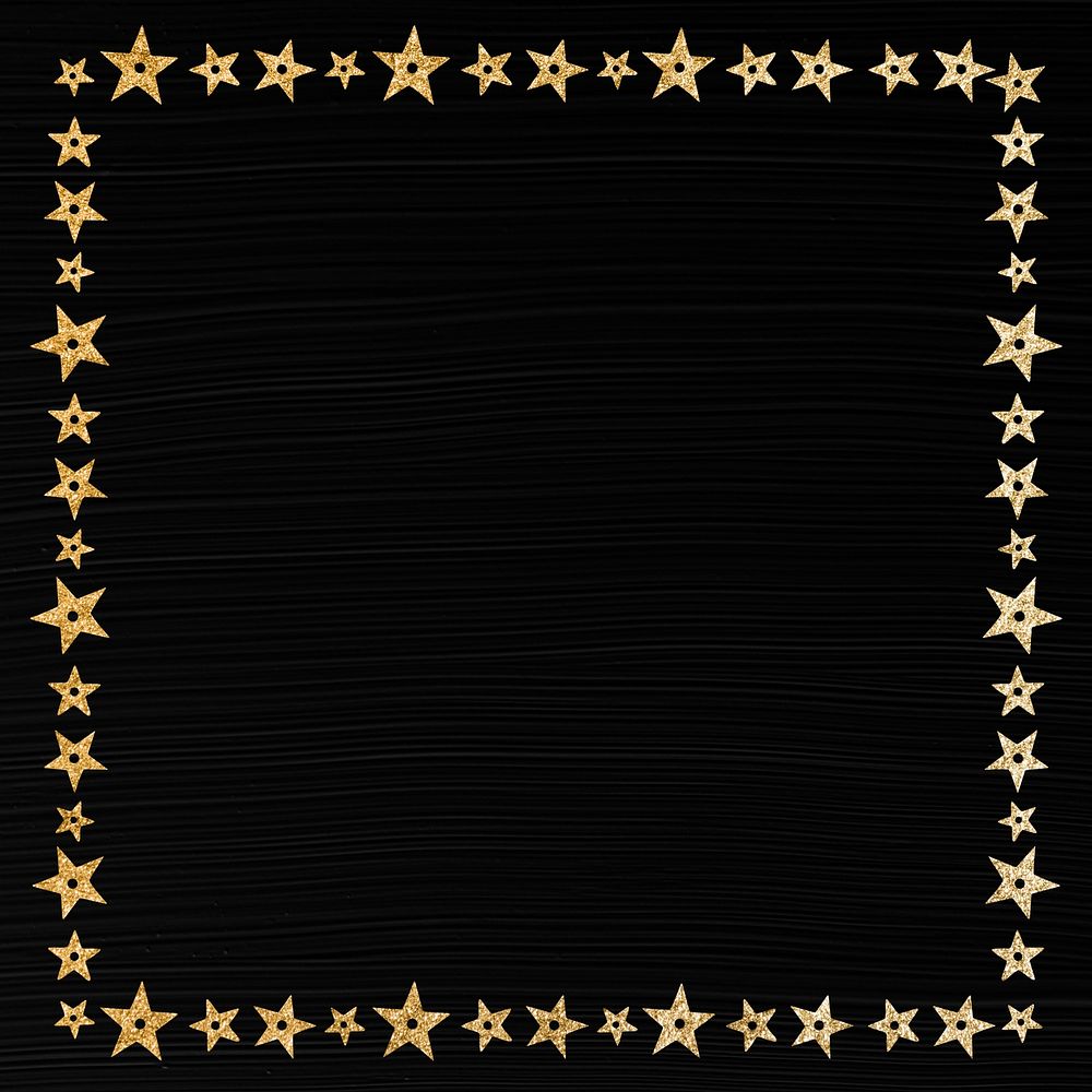 Gold sparkling star square border frame on onyx black background