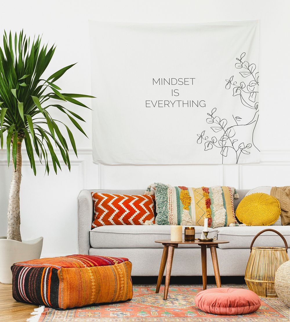 Tapestry wall mockup psd in a bohemian living room