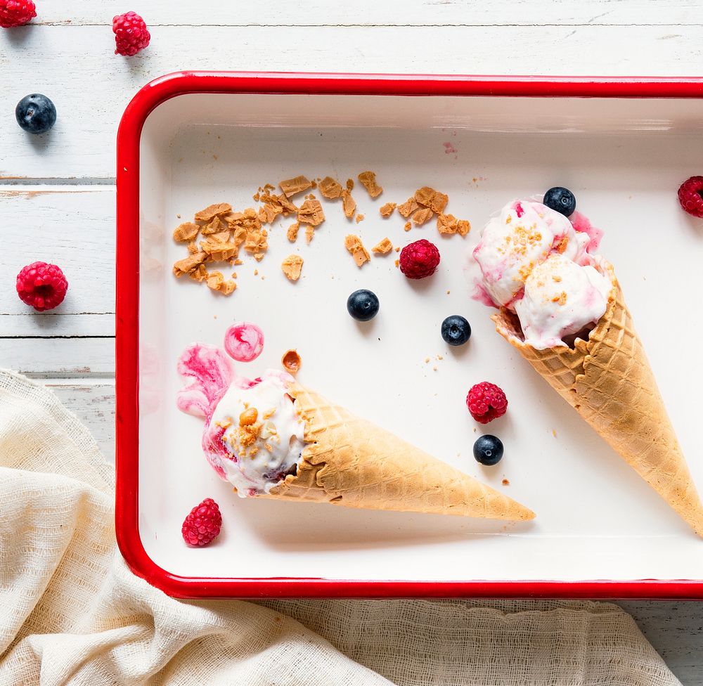 Berry ice cream in waffle cones