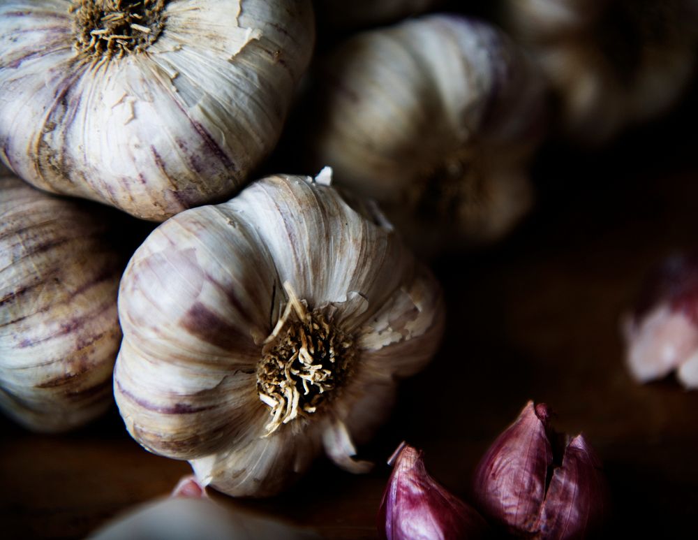 Closeup of garlic and red onions