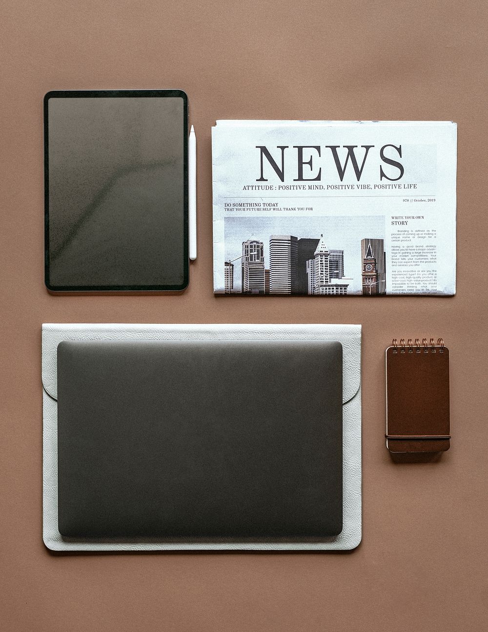 Digital device mockup with daily essentials set