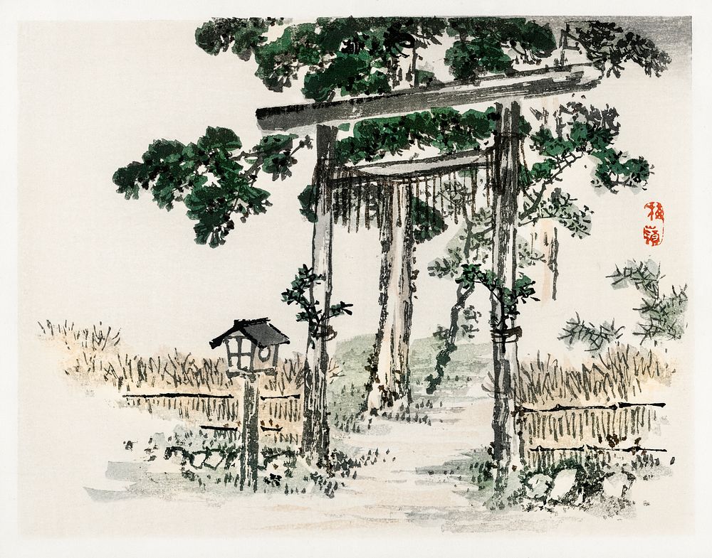 Shrine gate by Kōno Bairei (1844-1895). Digitally enhanced from our own original 1913 edition of Bairei Gakan. 