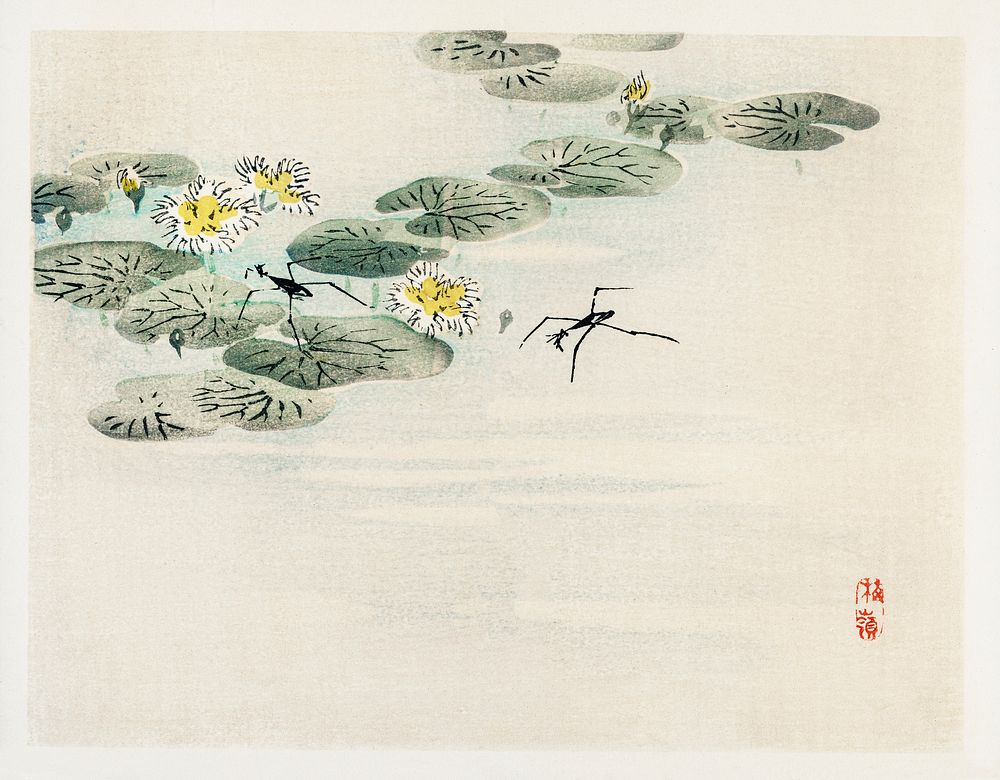 Water striders in a lotus pond by Kōno Bairei (1844-1895). Digitally enhanced from our own original 1913 edition of Bairei…