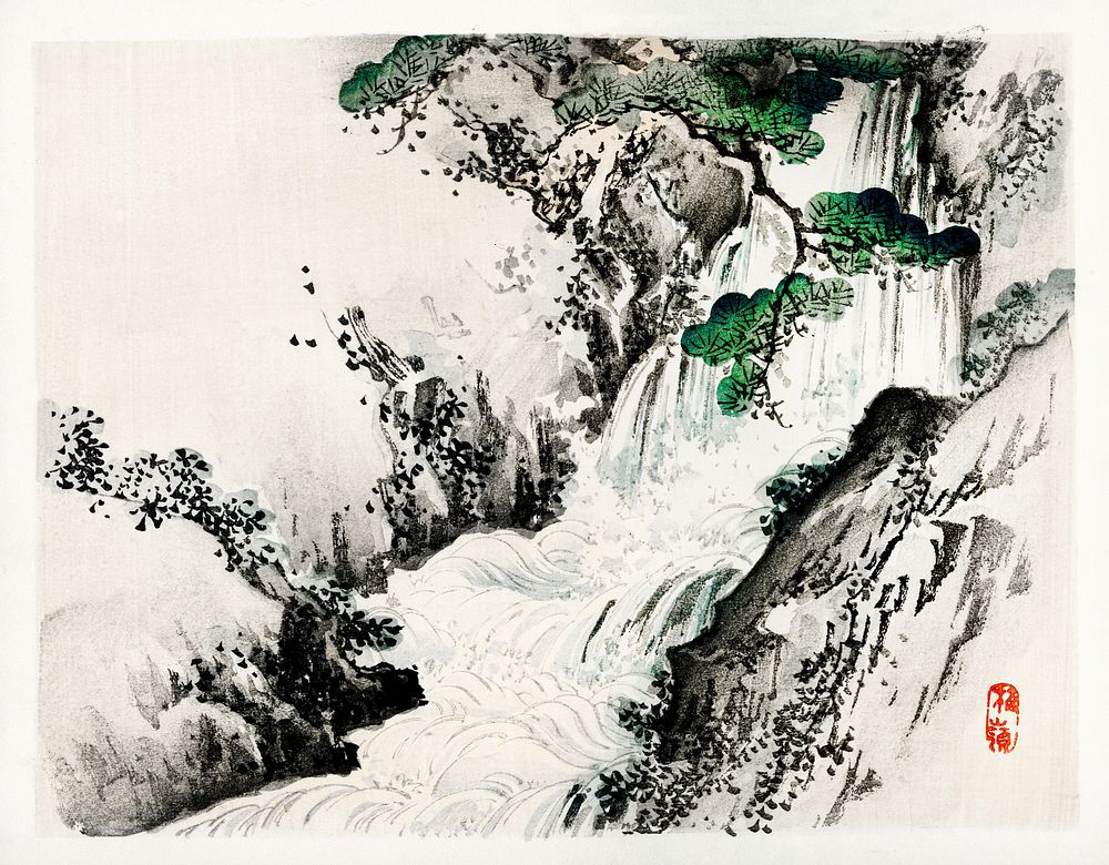Waterfall by Kōno Bairei (1844-1895). Digitally enhanced from our own original 1913 edition of Bairei Gakan.