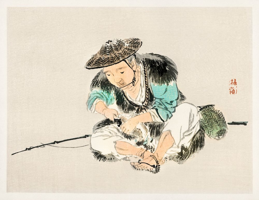 Man maintaining a fishing rod by Kōno Bairei (1844-1895). Digitally enhanced from our own original 1913 edition of Bairei…