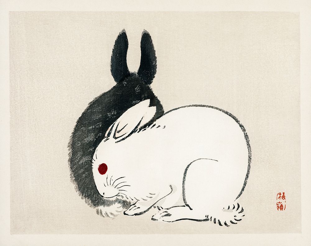 Black and white rabbits by Kōno Bairei (1844-1895). Digitally enhanced from our own original 1913 edition of Bairei Gakan. 